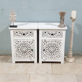 Indian Hand Carved Solid Wooden Bedside Table (Set Of 2) White